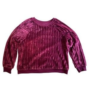 Velour Burgundy Cropped Long Sleeve Sweatshirt Junior's Size XL Fuzzy Warm Top